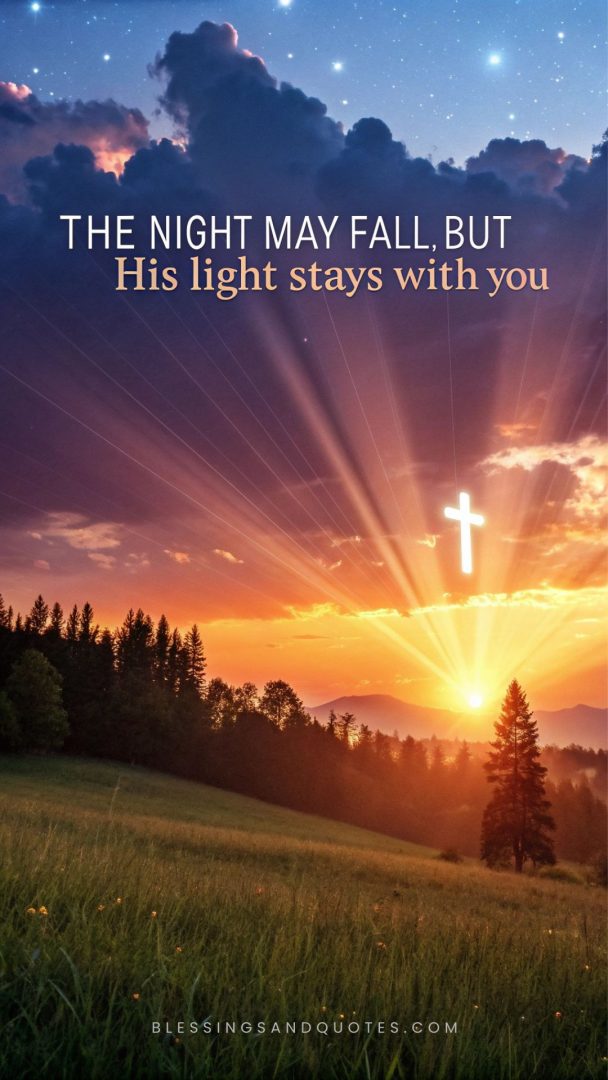 Good Night God Bless, emitting light, showing god presence in the image.