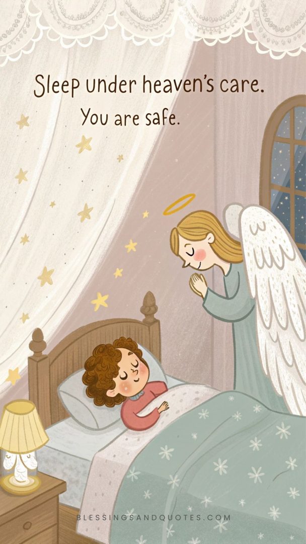 Good Night God Bless from Mom, blessing her sleeping child.