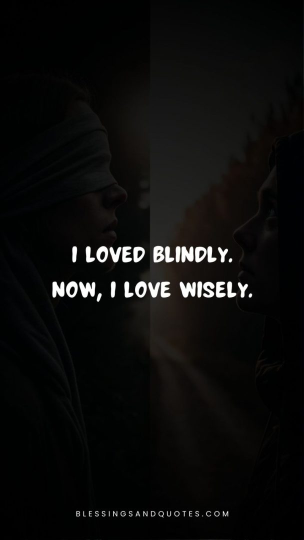 Blind in love quote, background has two people, one is blind fold.