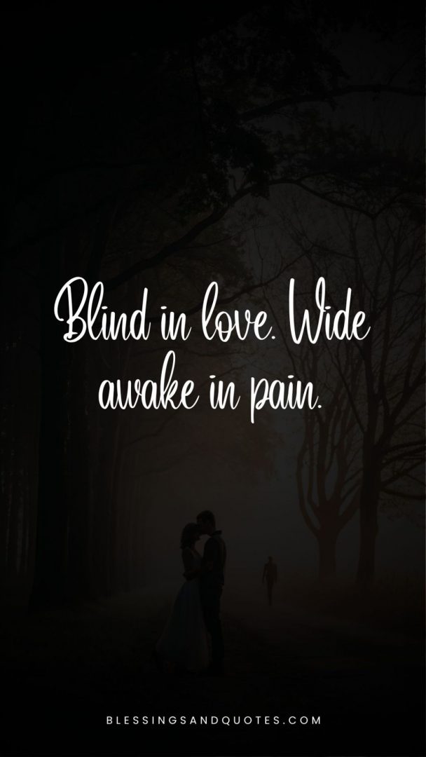 Blind in love quote, background has a couple standing romantically