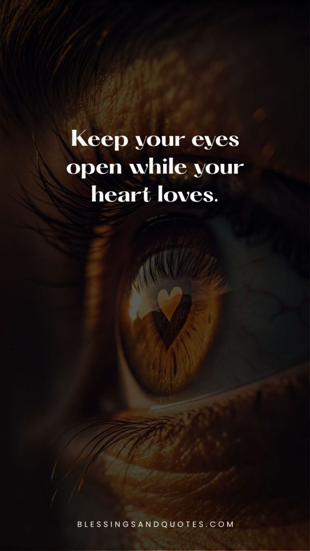 Blind in love quote, an eye in the background with heart shape in the pupil.