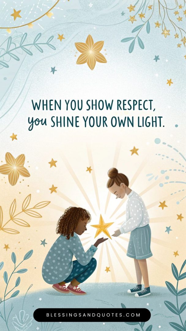 respect-quotes-for-kids-4 Show respect quote, a star is shining near kids hand, floral background.