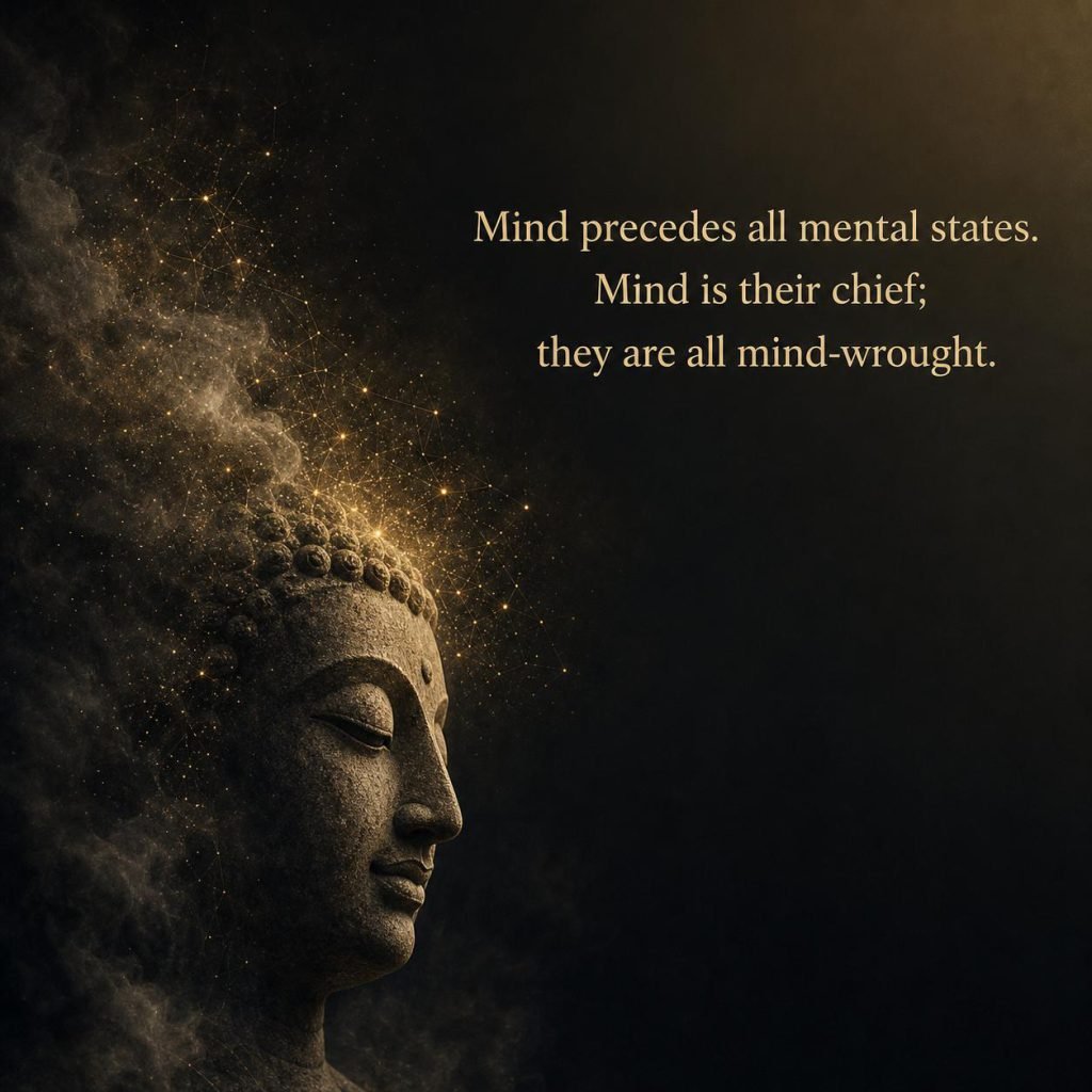 Meditative Buddha sculpture in soft natural lighting with quote on peace of mind
