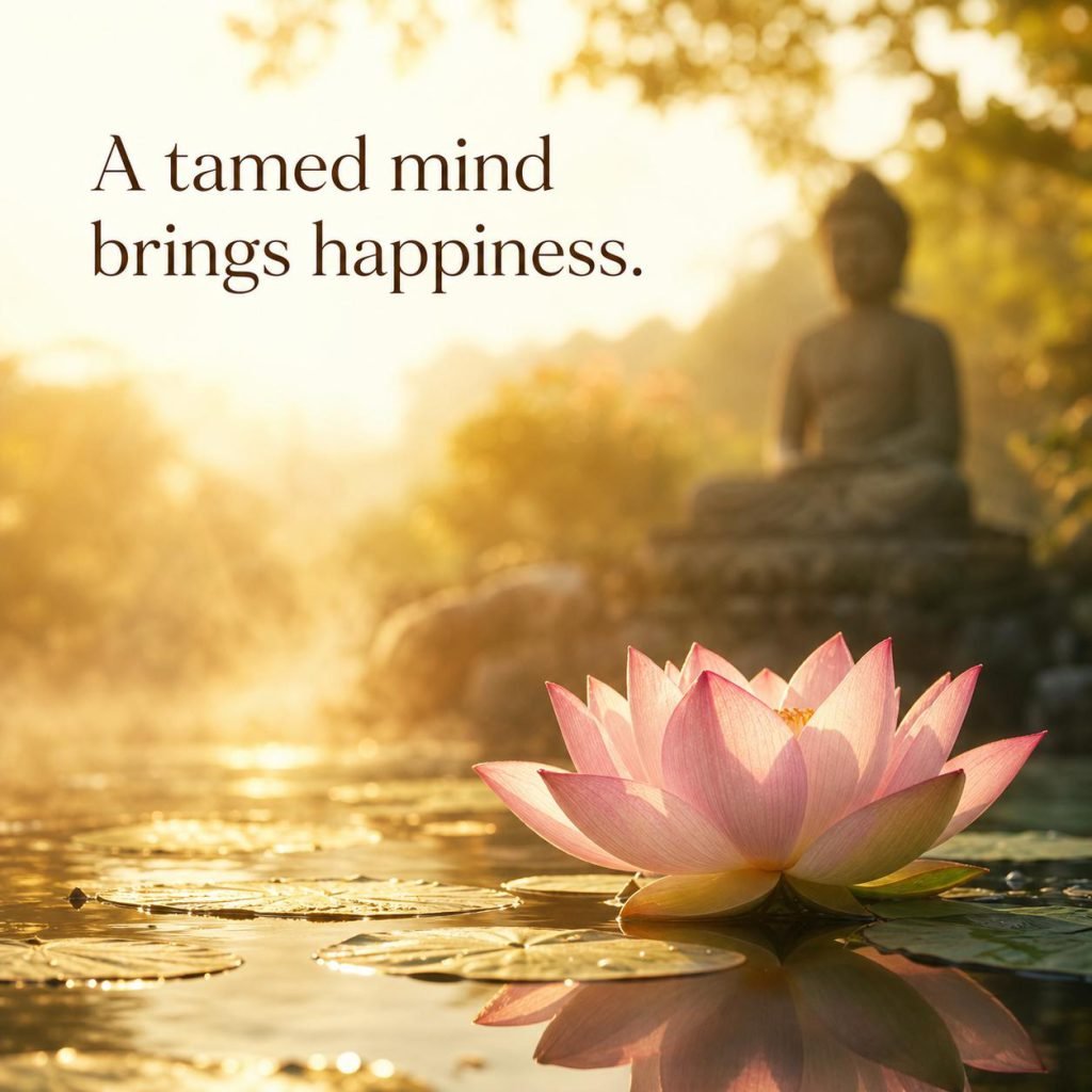 Meditative Buddha sculpture in soft natural lighting with quote on peace of mind - Graphic 2