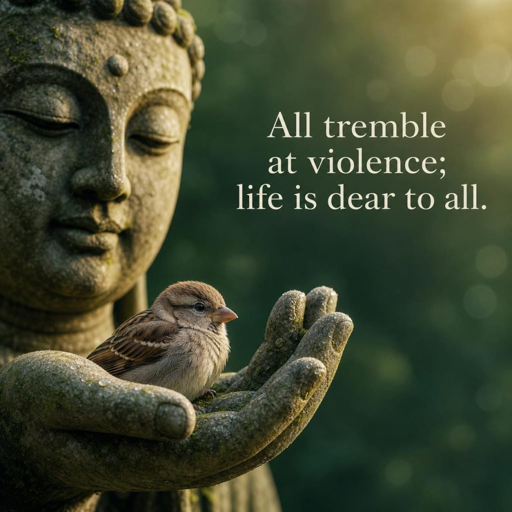 Meditative Buddha sculpture in soft natural lighting with quote on peace of mind - Graphic 6