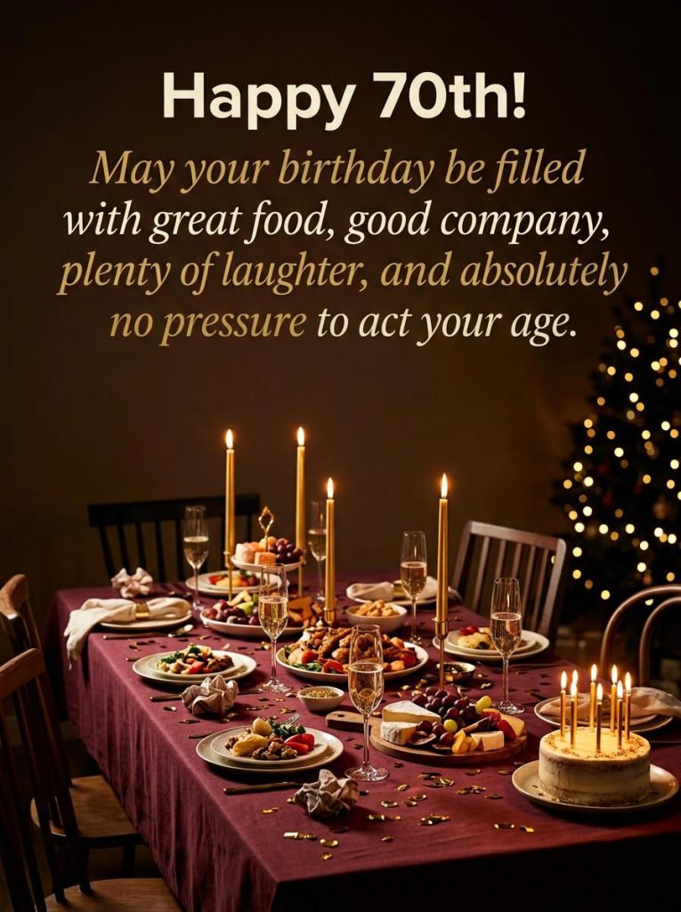 Celebratory 70th birthday quote card with playful humor about aging gracefully