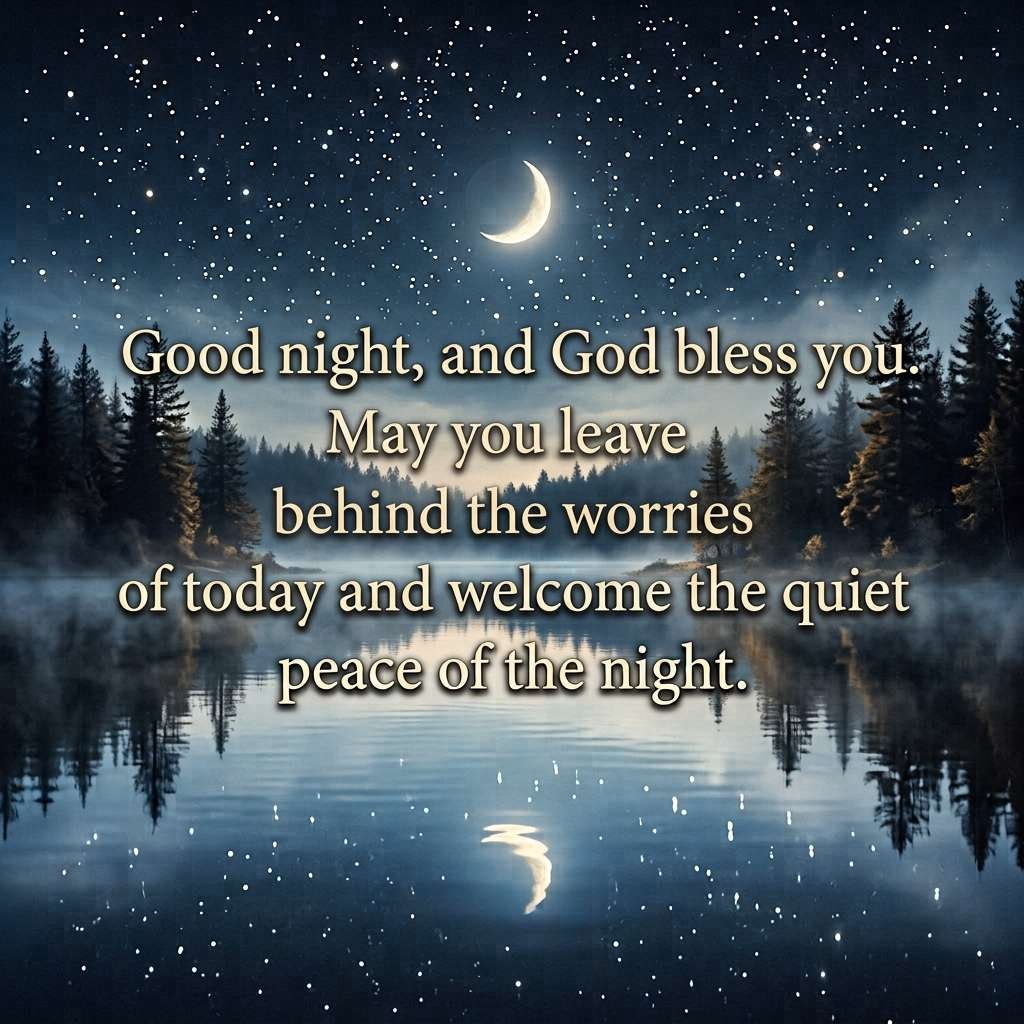 Peaceful moon and stars with “Good Night, God Bless You”