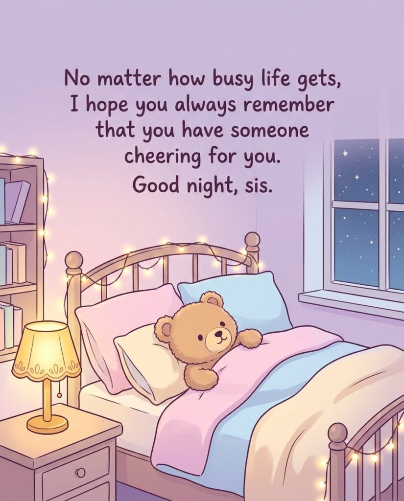 No matter how busy life gets, I hope you always remember that you have someone cheering for you. Good night, sis.