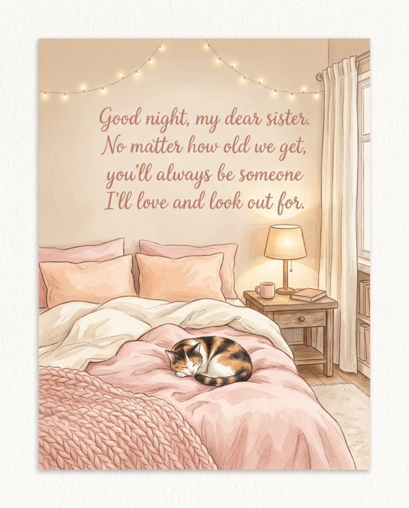 Good night, my dear sister. May all the worries of today fade away and leave you with nothing but peaceful dreams.