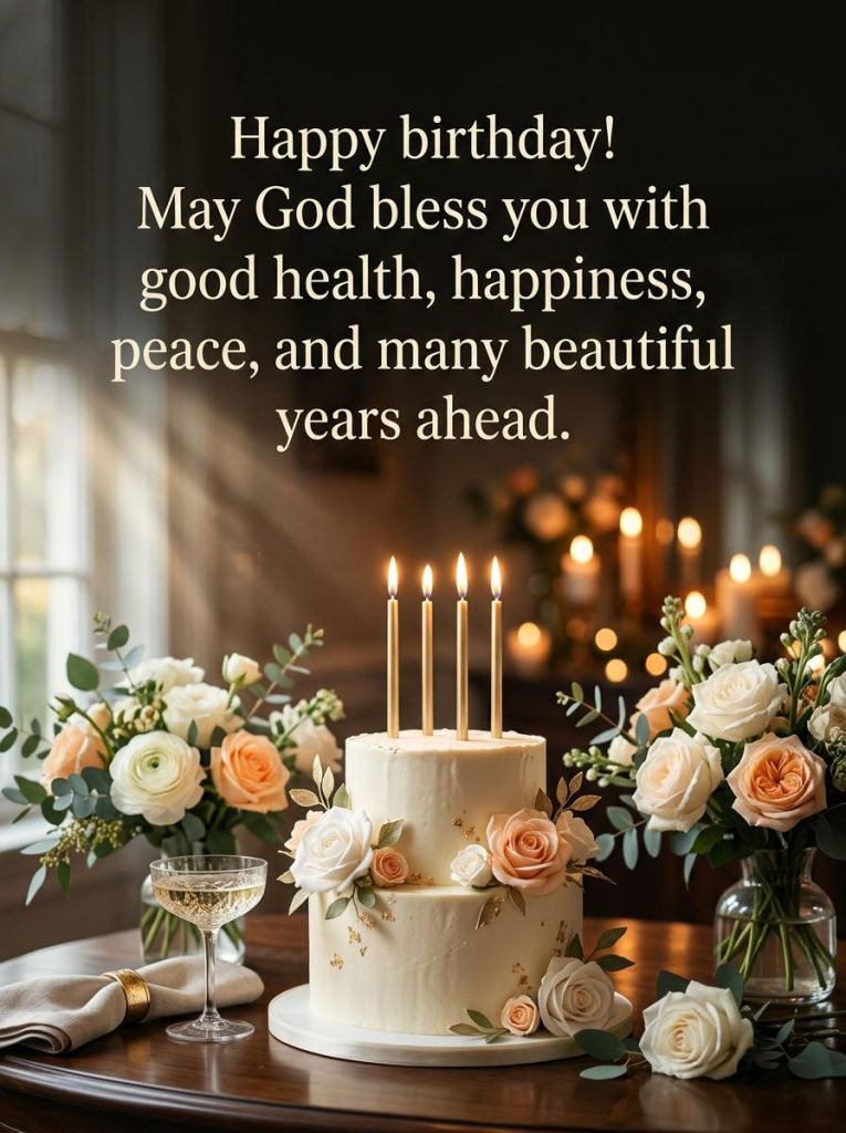Elegant floral birthday card with a God bless you prayer and golden accents
