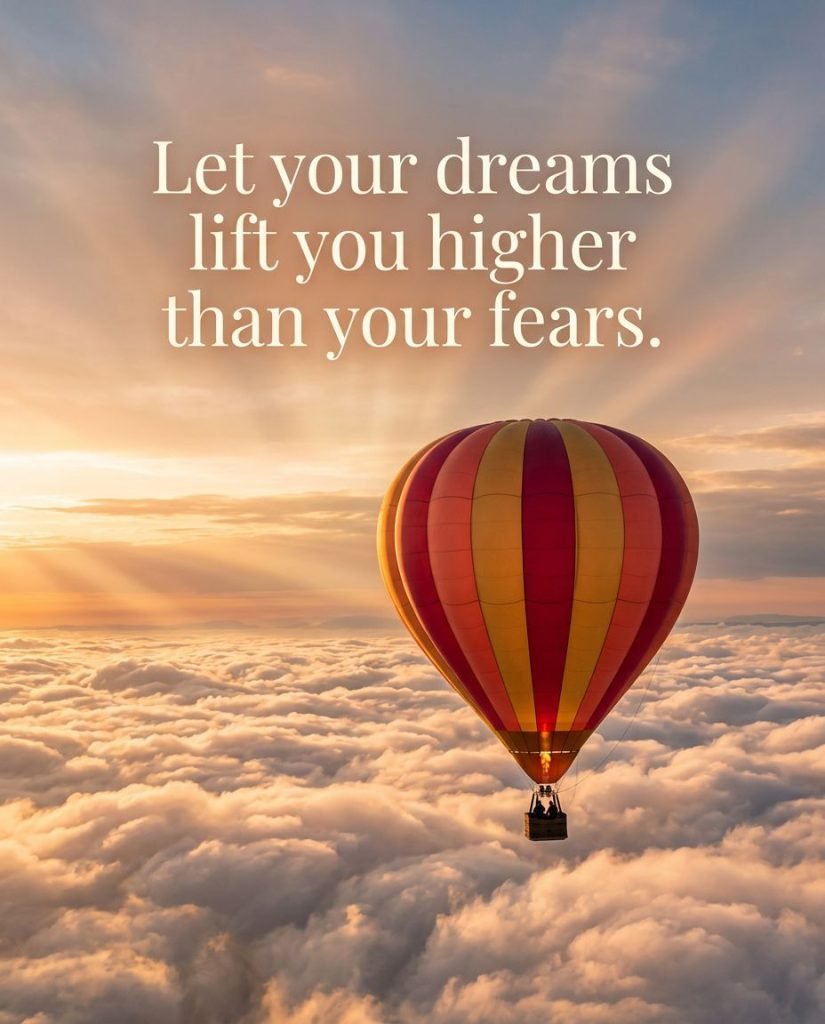 Vibrant hot air balloon drifting peacefully over misty morning hills