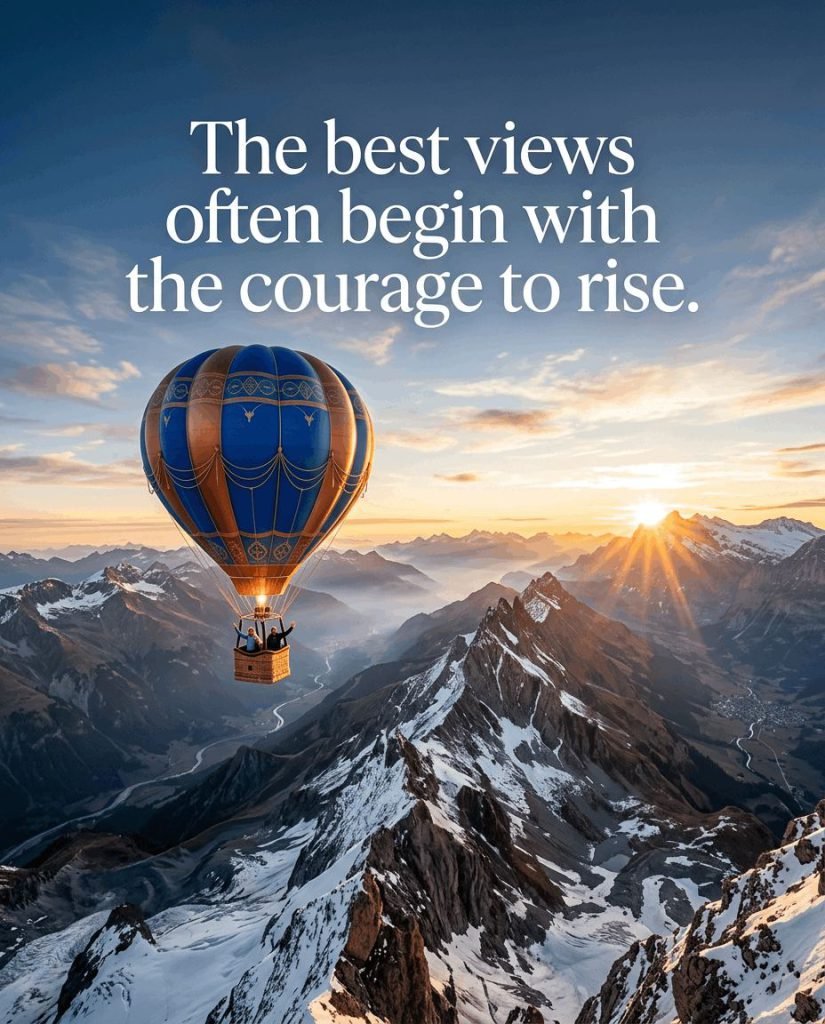 Vibrant hot air balloon drifting peacefully over misty morning hills - Graphic 2