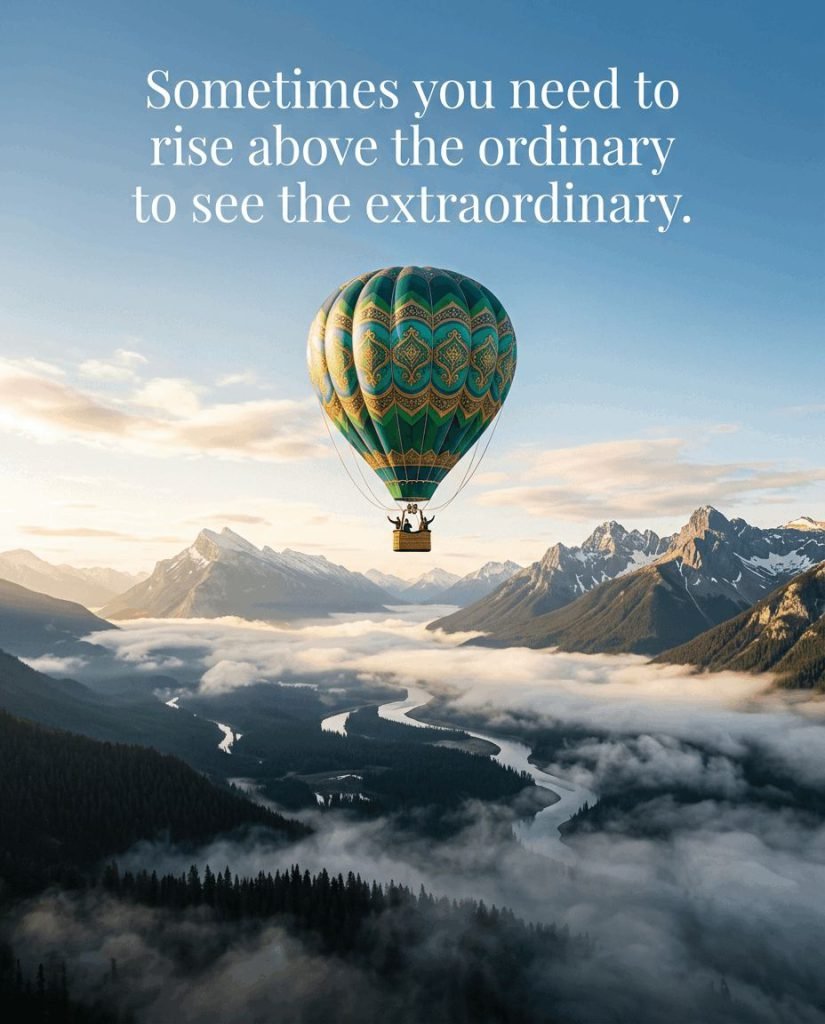 Vibrant hot air balloon drifting peacefully over misty morning hills - Graphic 3