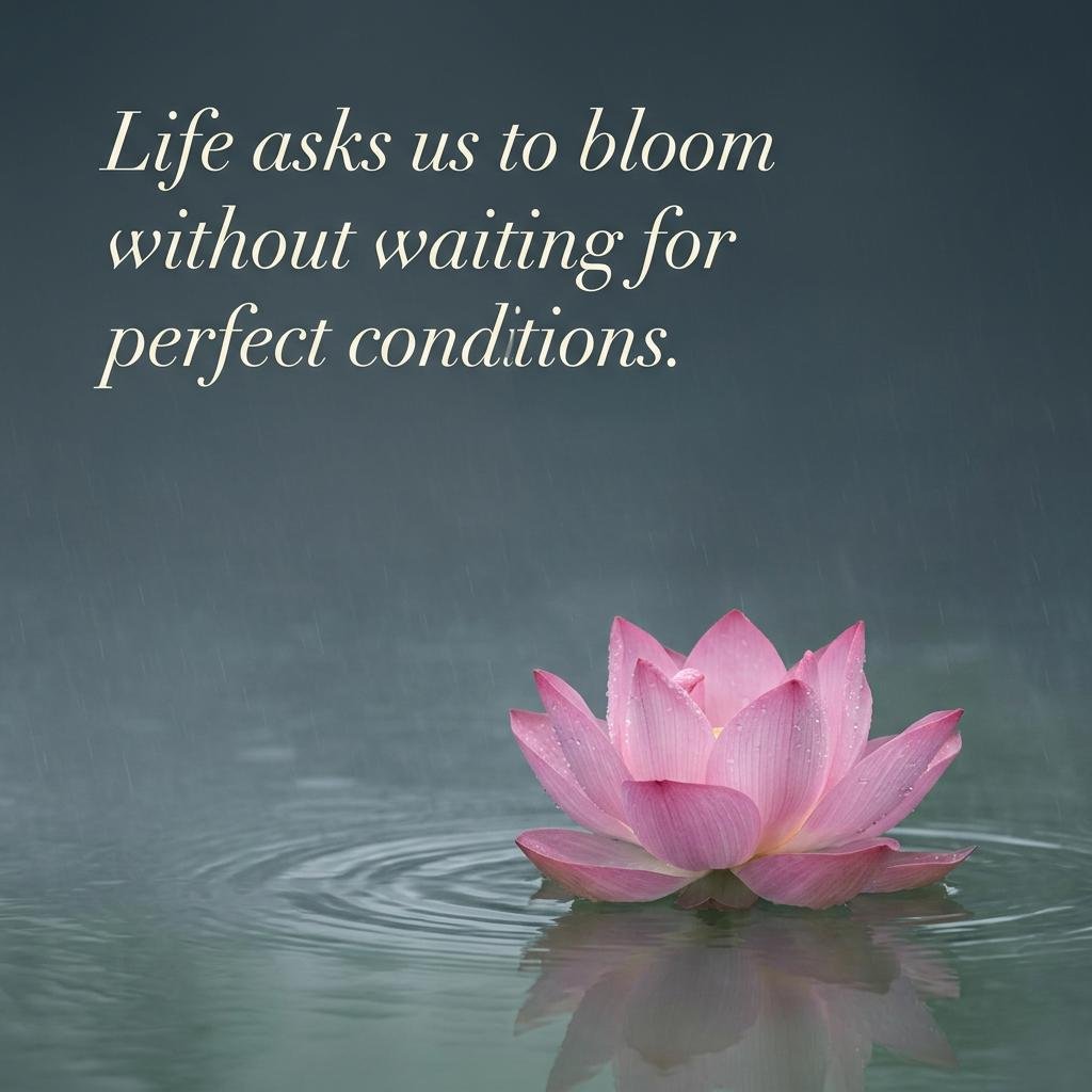 Pristine pink lotus blossom blooming in tranquil water with quote on resilience