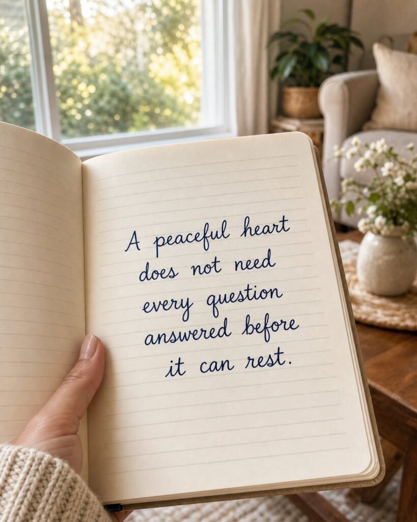 Handwritten journal entry in a cozy room with quote: A peaceful heart does not need every question answered before it can rest