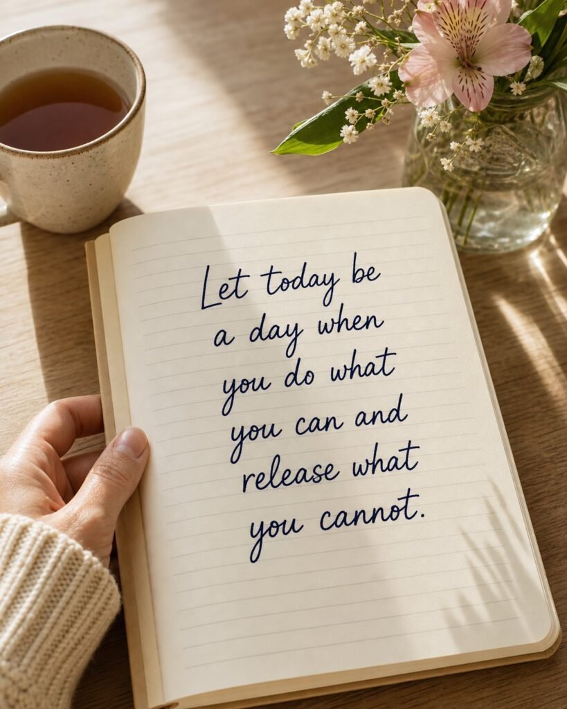Notebook on a sunlit table beside a teacup with quote: Let today be a day when you do what you can and release what you cannot