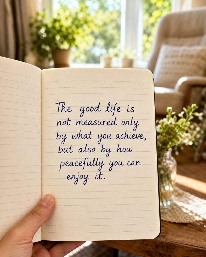 Journal in hand with flowers and chair in background with quote: The good life is not measured only by what you achieve, but also by how peacefully you can enjoy it