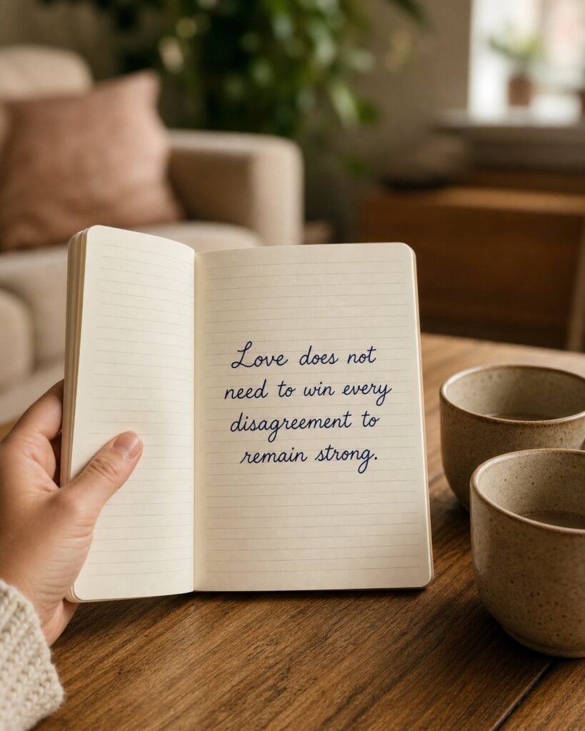Open notebook beside two warm mugs on a wooden table with quote: Love does not need to win every disagreement to remain strong