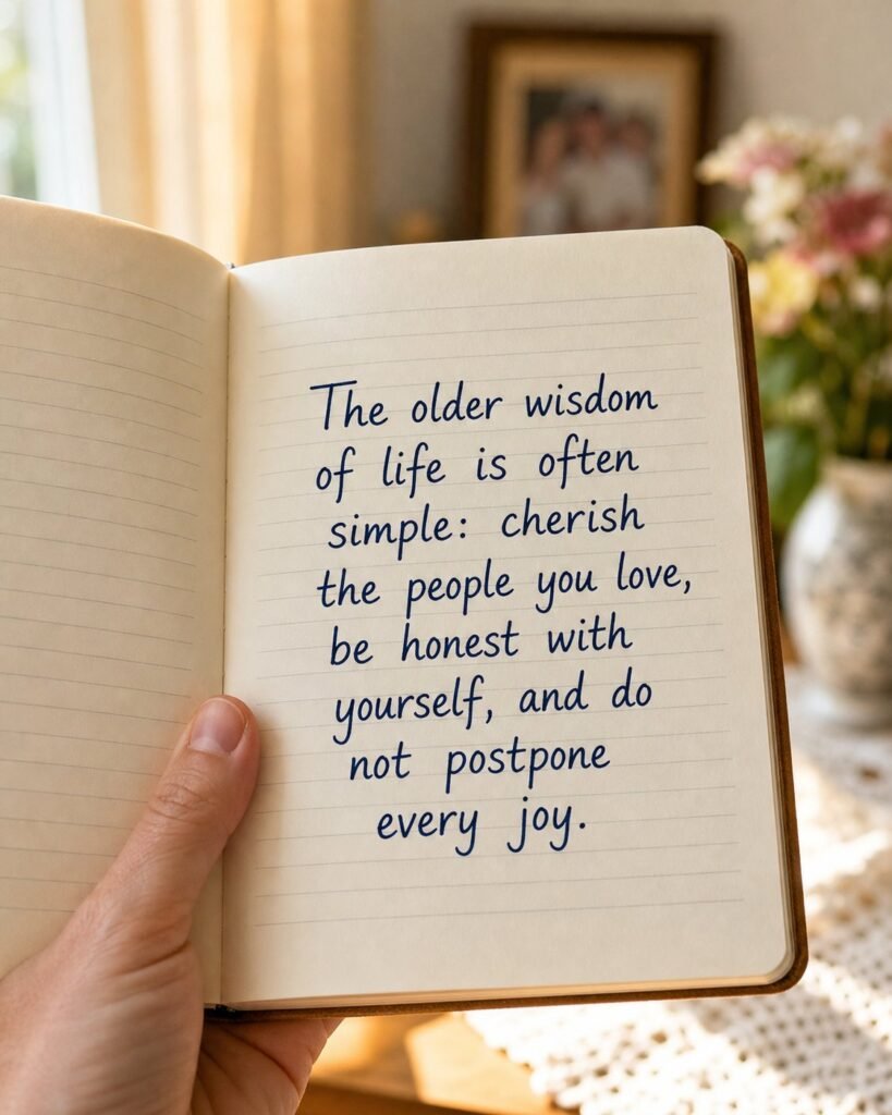 Open journal page held in hand with quote: The older wisdom of life is often simple: cherish the people you love, be honest with yourself, and do not postpone every joy