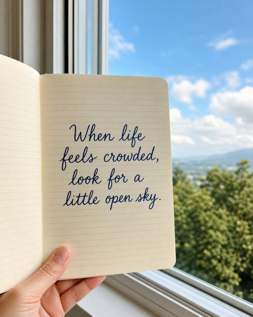 Journal held before a window overlooking green hills and blue sky with quote: When life feels crowded, look for a little open sky
