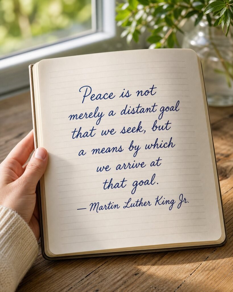 Journal on a wooden table displaying Martin Luther King Jr. quote: Peace is not merely a distant goal that we seek, but a means by which we arrive at that goal