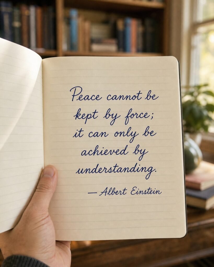 Journal page held before a bookshelf displaying Albert Einstein quote: Peace cannot be kept by force; it can only be achieved by understanding