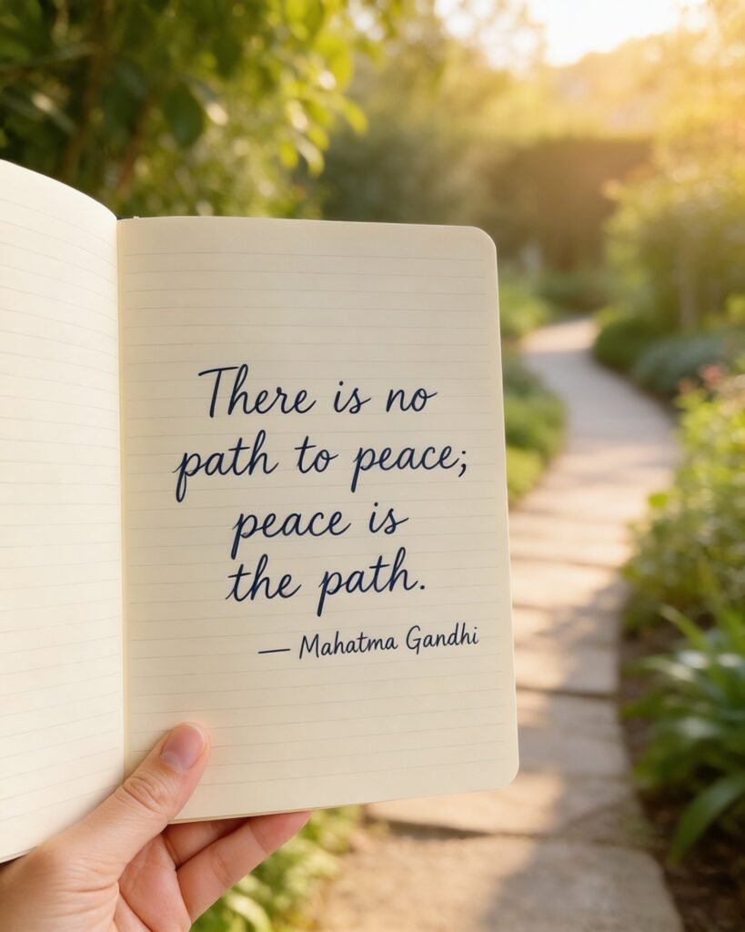 Journal page in front of a sunny garden path displaying Mahatma Gandhi quote: There is no path to peace; peace is the path