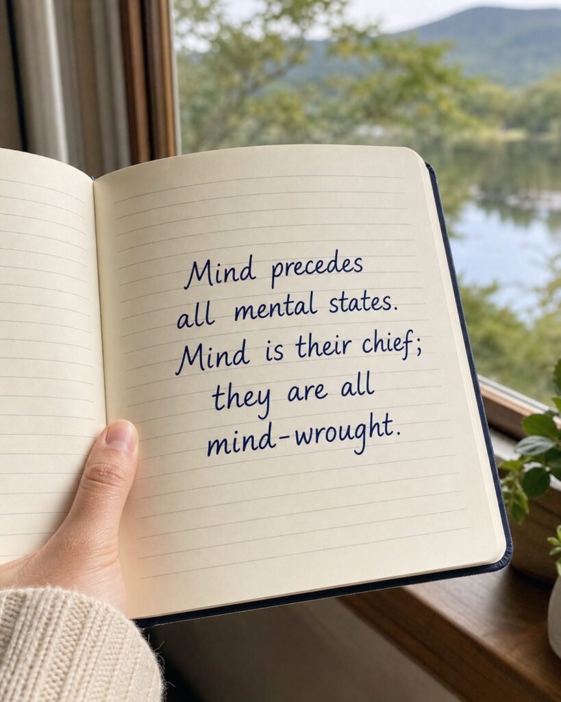 Journal held next to a scenic lake window displaying Dhammapada teaching: Mind precedes all mental states. Mind is their chief; they are all mind-wrought