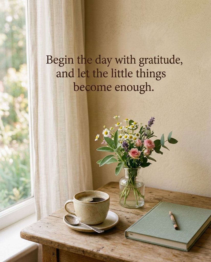 Inspirational morning quote card about greeting the dawn with a calm and grateful heart - Graphic 4