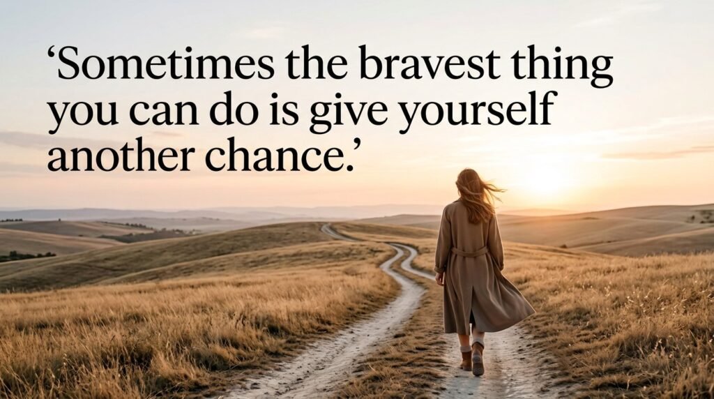 Woman walking along a winding path through rolling hills with quote: Sometimes the bravest thing you can do is give yourself another chance