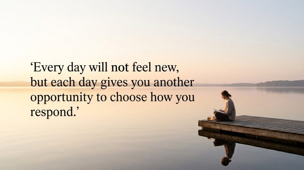 Person journaling on a wooden dock over a calm lake with quote: Every day will not feel new, but each day gives you another opportunity to choose how you respond