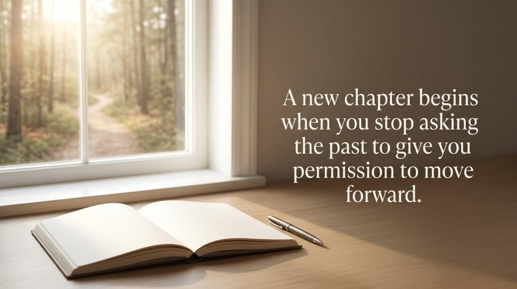 Open journal and pen on a sunlit table by a window with quote: A new chapter begins when you stop asking the past to give you permission to move forward