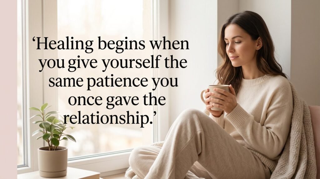 Woman resting by a window with a warm mug and quote: Healing begins when you give yourself the same patience you once gave the relationship