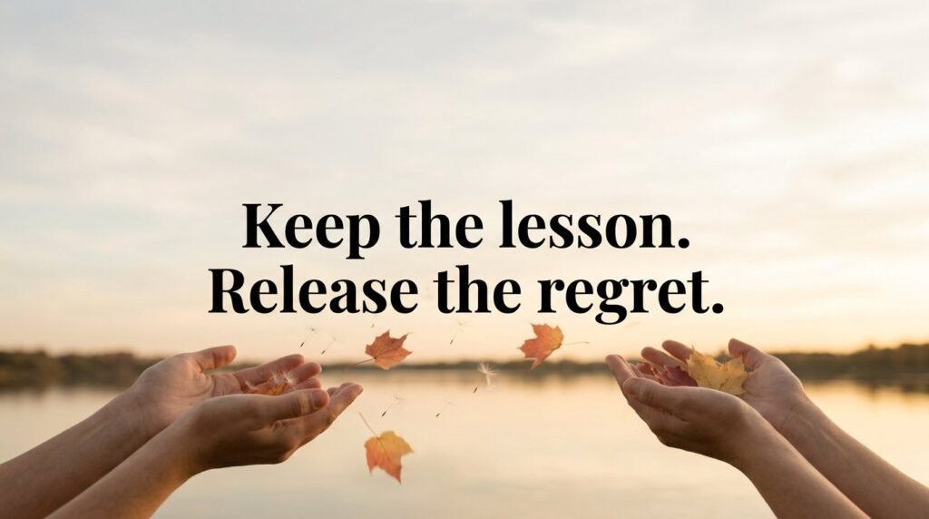 Hands releasing autumn leaves over water at sunset with quote: Keep the lesson. Release the regret