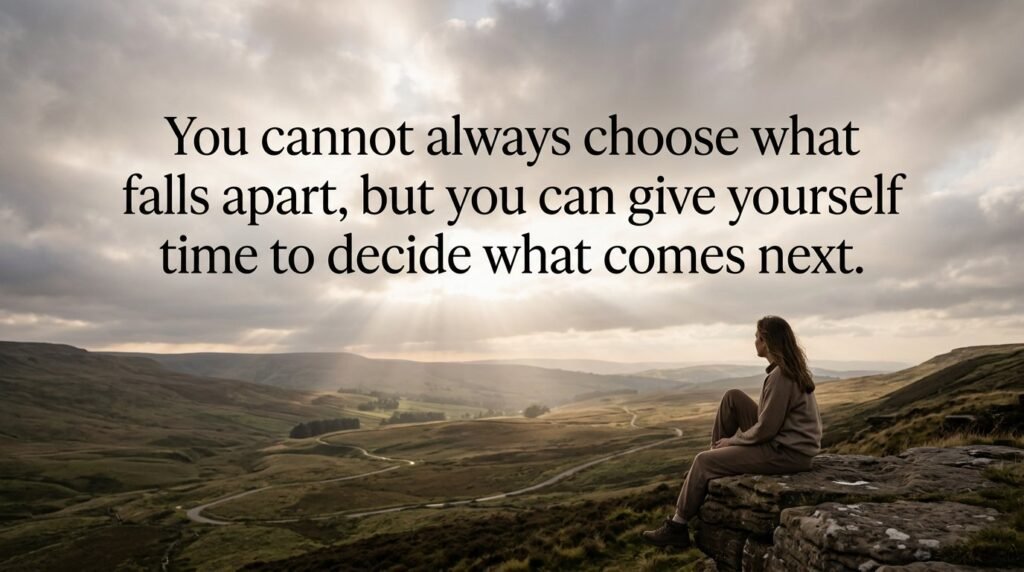 Woman sitting on a rock overlook with quote: You cannot always choose what falls apart, but you can give yourself time to decide what comes next