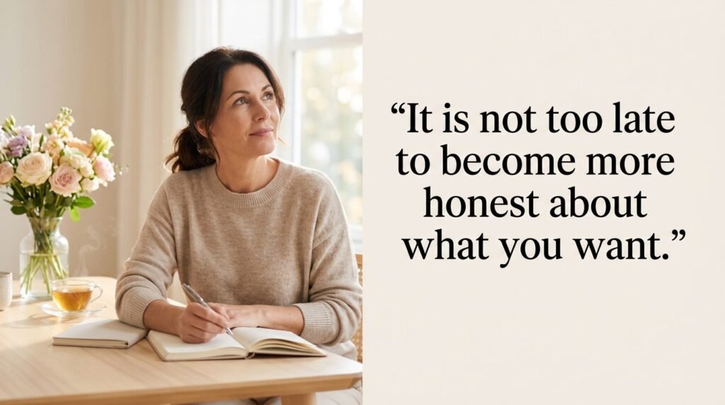 Woman writing in a notebook next to flowers and tea with quote: It is not too late to become more honest about what you want