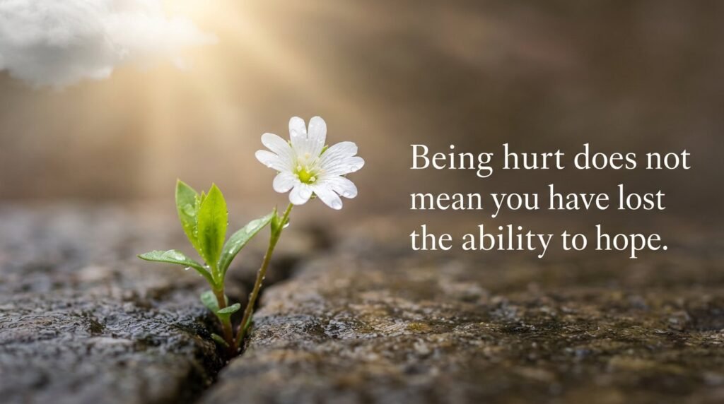 White flower blooming from a crack in stone with quote: Being hurt does not mean you have lost the ability to hope