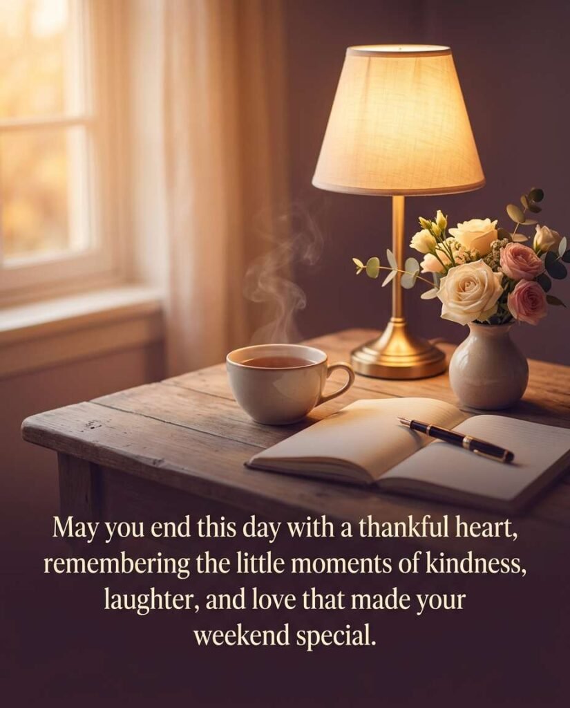 Bedside table with lamp, open journal, and tea with blessing: May you end this day with a thankful heart, remembering the little moments of kindness, laughter, and love that made your weekend special