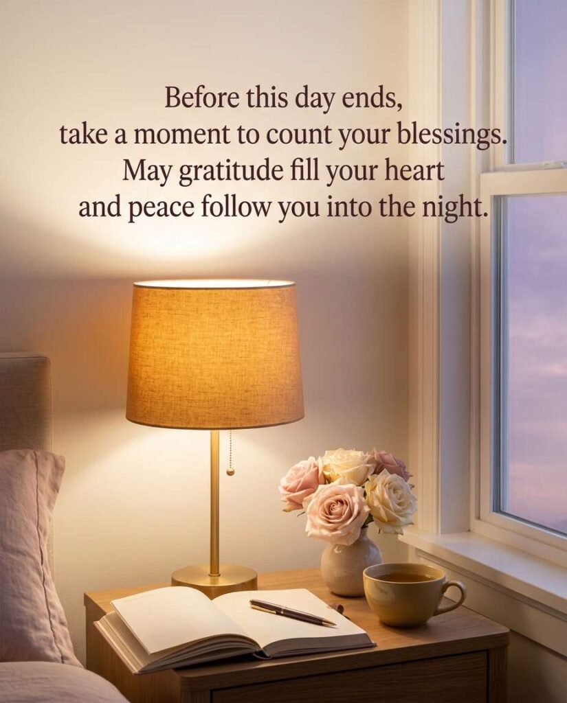 Sunday evening graphic with prayer: Before this day ends, take a moment to count your blessings. May gratitude fill your heart and peace follow you into the night