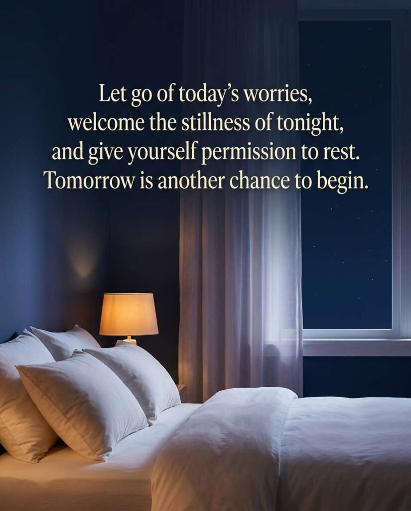 Peaceful night graphic with prayer: Let go of today's worries, welcome the stillness of tonight, and give yourself permission to rest. Tomorrow is another chance to begin