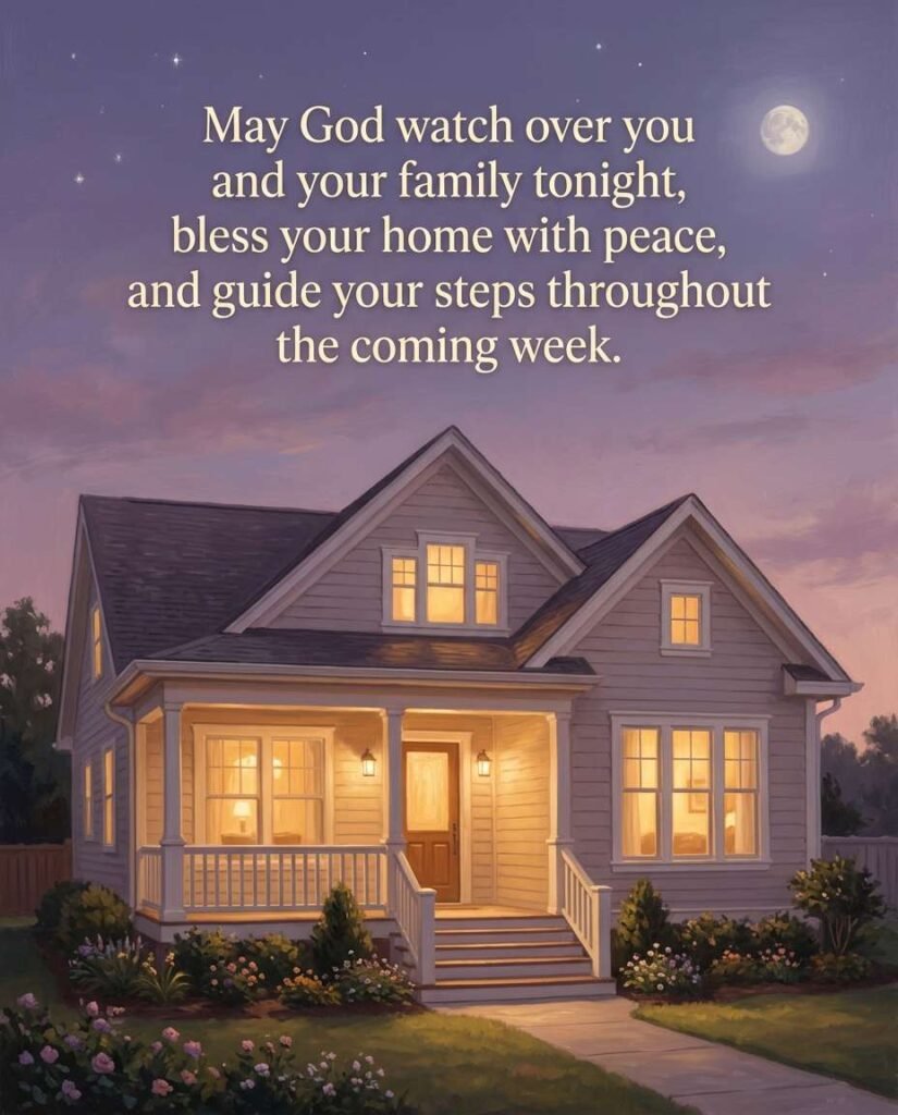 Sunday night family prayer graphic: May God watch over you and your family tonight, bless your home with peace, and guide your steps throughout the coming week