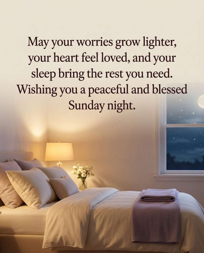 Bedtime blessing card: May your worries grow lighter, your heart feel loved, and your sleep bring the rest you need. Wishing you a peaceful and blessed Sunday night