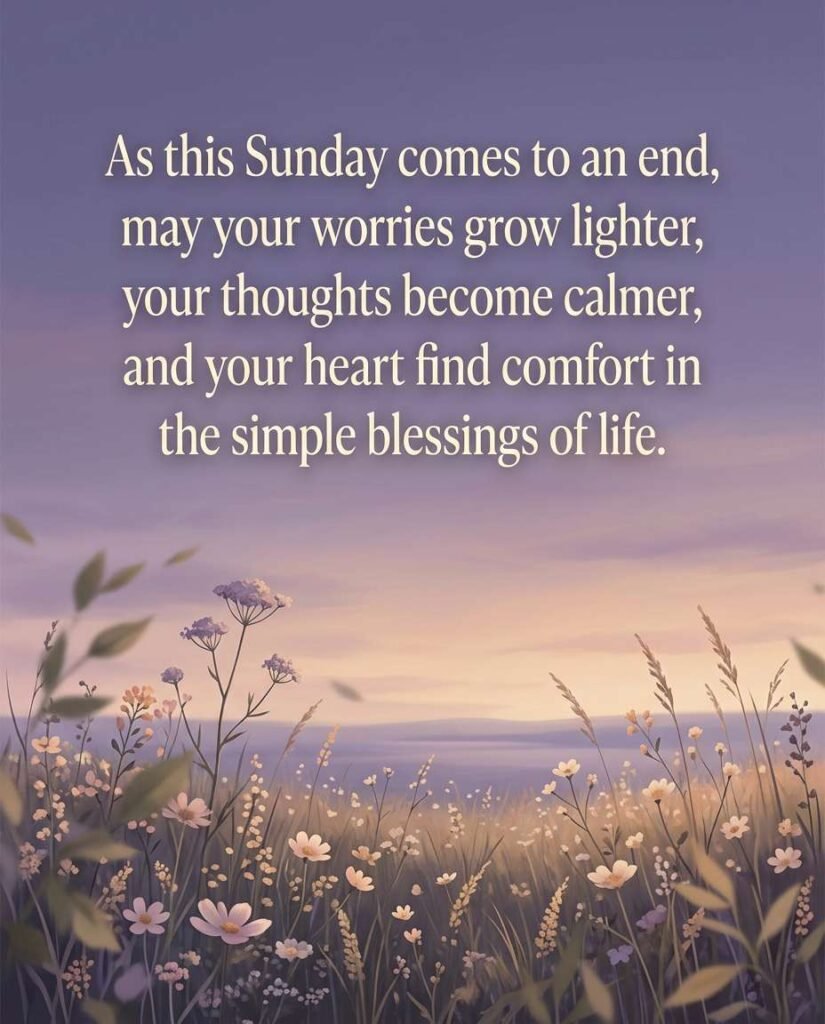 Wildflower meadow under a purple twilight sky with blessing: As this Sunday comes to an end, may your worries grow lighter, your thoughts become calmer, and your heart find comfort in the simple blessings of life