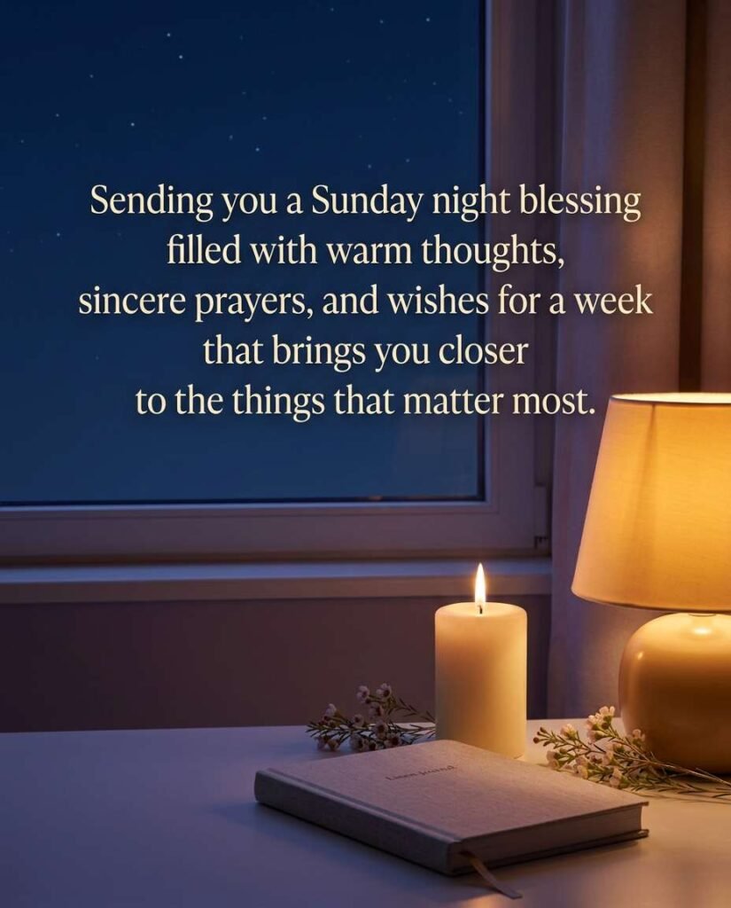 Lit candle and journal by a nighttime window with blessing: Sending you a Sunday night blessing filled with warm thoughts, sincere prayers, and wishes for a week that brings you closer to the things that matter most