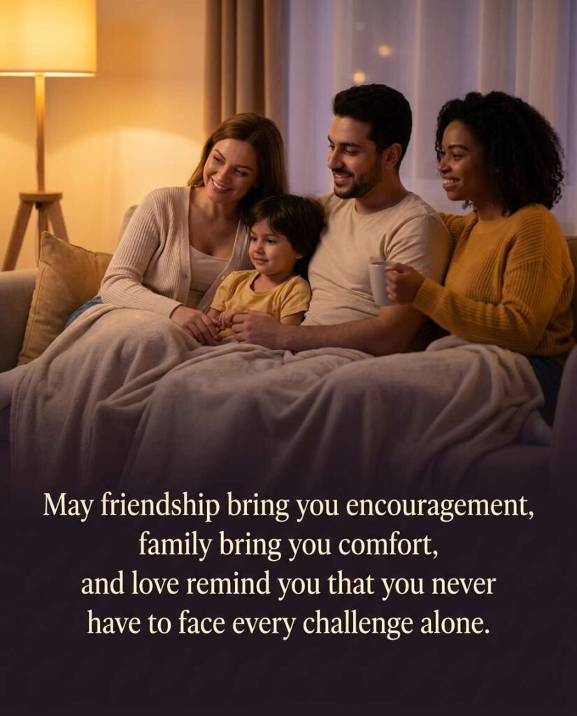Family resting comfortably on a sofa under blankets with blessing: May friendship bring you encouragement, family bring you comfort, and love remind you that you never have to face every challenge alone