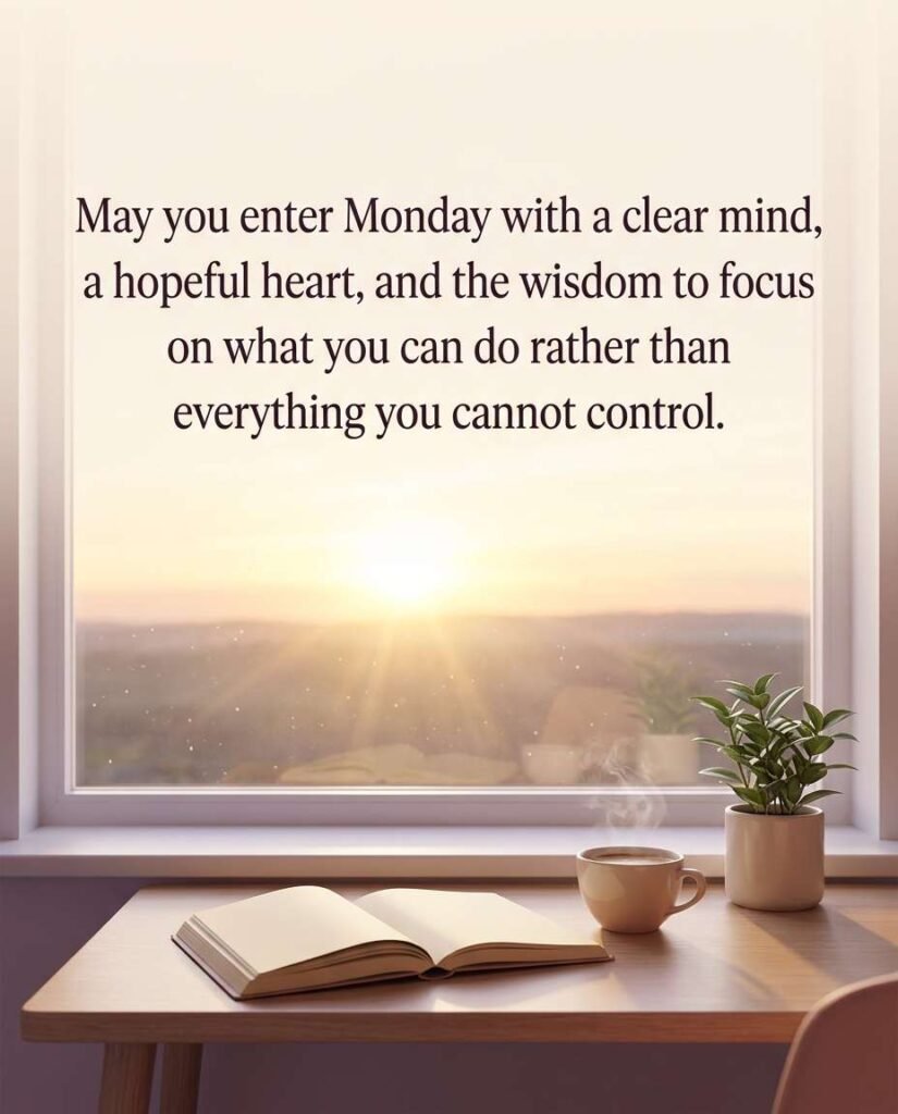 Morning desk with coffee and open book facing sunrise with blessing: May you enter Monday with a clear mind, a hopeful heart, and the wisdom to focus on what you can do rather than everything you cannot control
