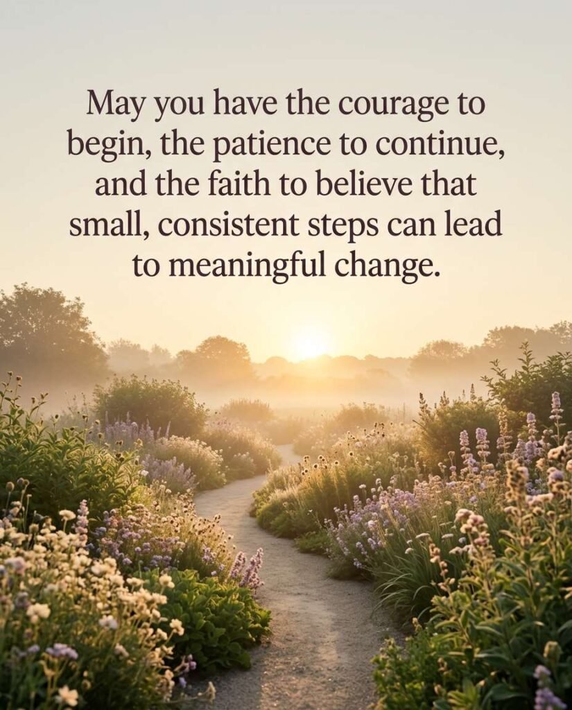 Garden path lined with flowers in golden morning light with blessing: May you have the courage to begin, the patience to continue, and the faith to believe that small, consistent steps can lead to meaningful change