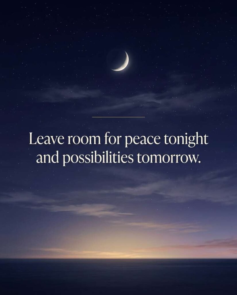 Crescent moon in a starry night sky with blessing: Leave room for peace tonight and possibilities tomorrow