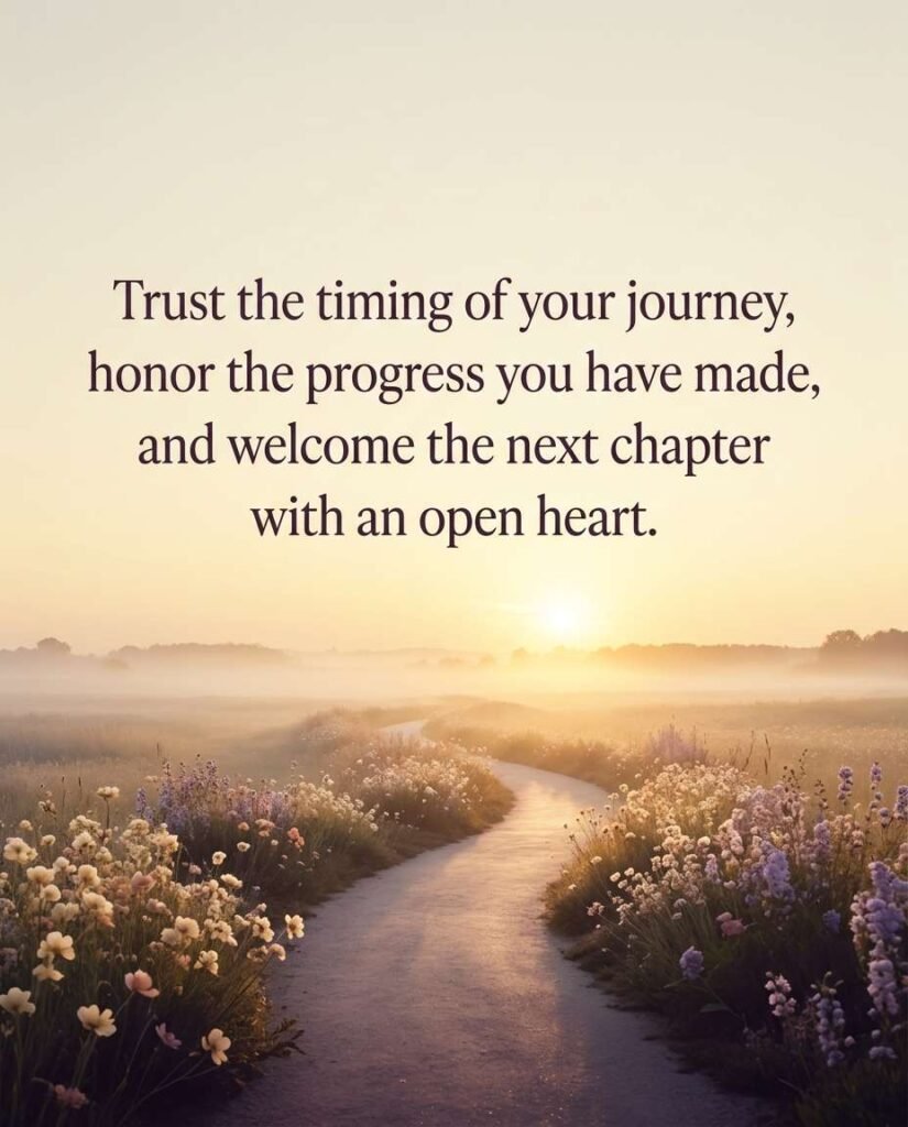 Pathway through a wildflower meadow at sunrise with blessing: Trust the timing of your journey, honor the progress you have made, and welcome the next chapter with an open heart