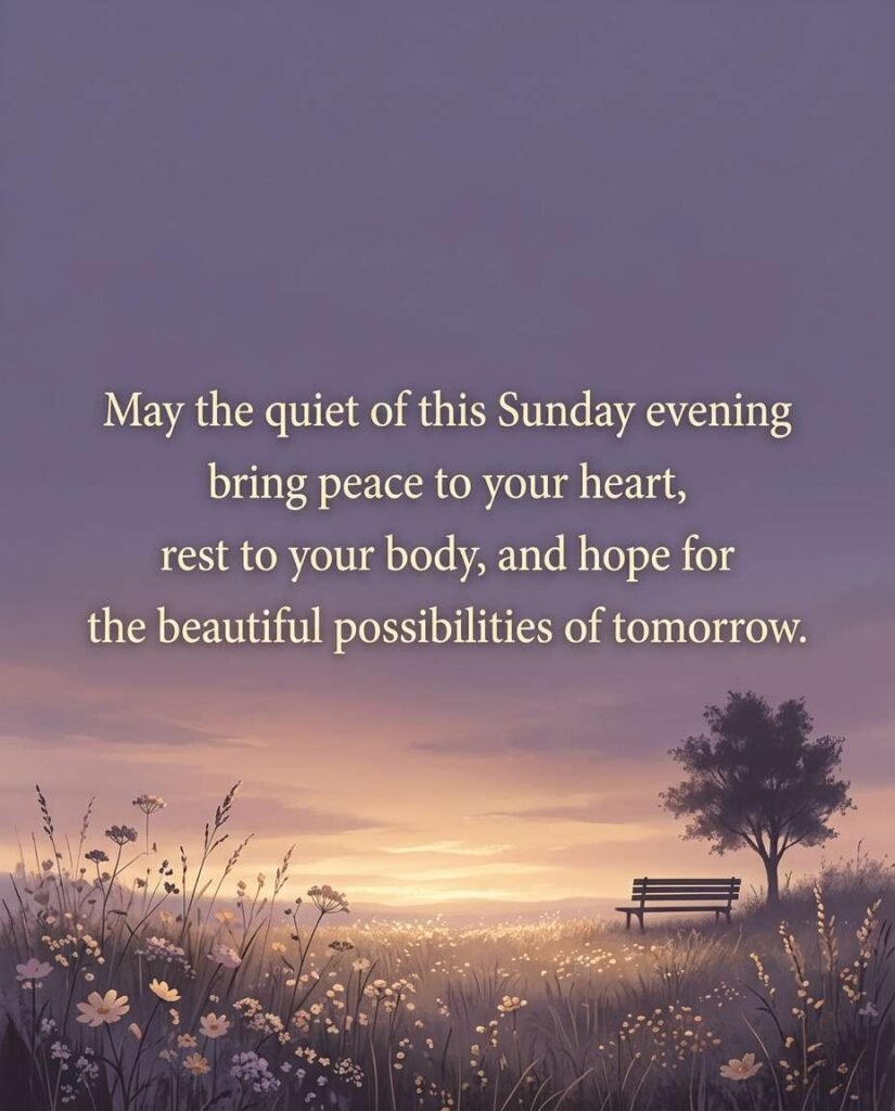 Park bench under a tree in an evening meadow with prayer: May the quiet of this Sunday evening bring peace to your heart, rest to your body, and hope for the beautiful possibilities of tomorrow